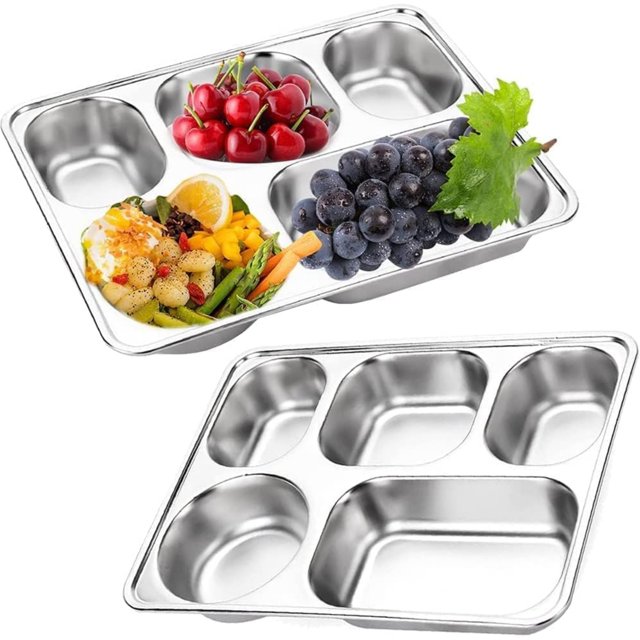AMERTEER 2pcs Large 11-inch Stainless Steel Rectangular Divided Plates 5-Section Dinner Plates for Adults Campers and Portion Control Lunch Containers 2pcs Unbreakable Rectangular Plat