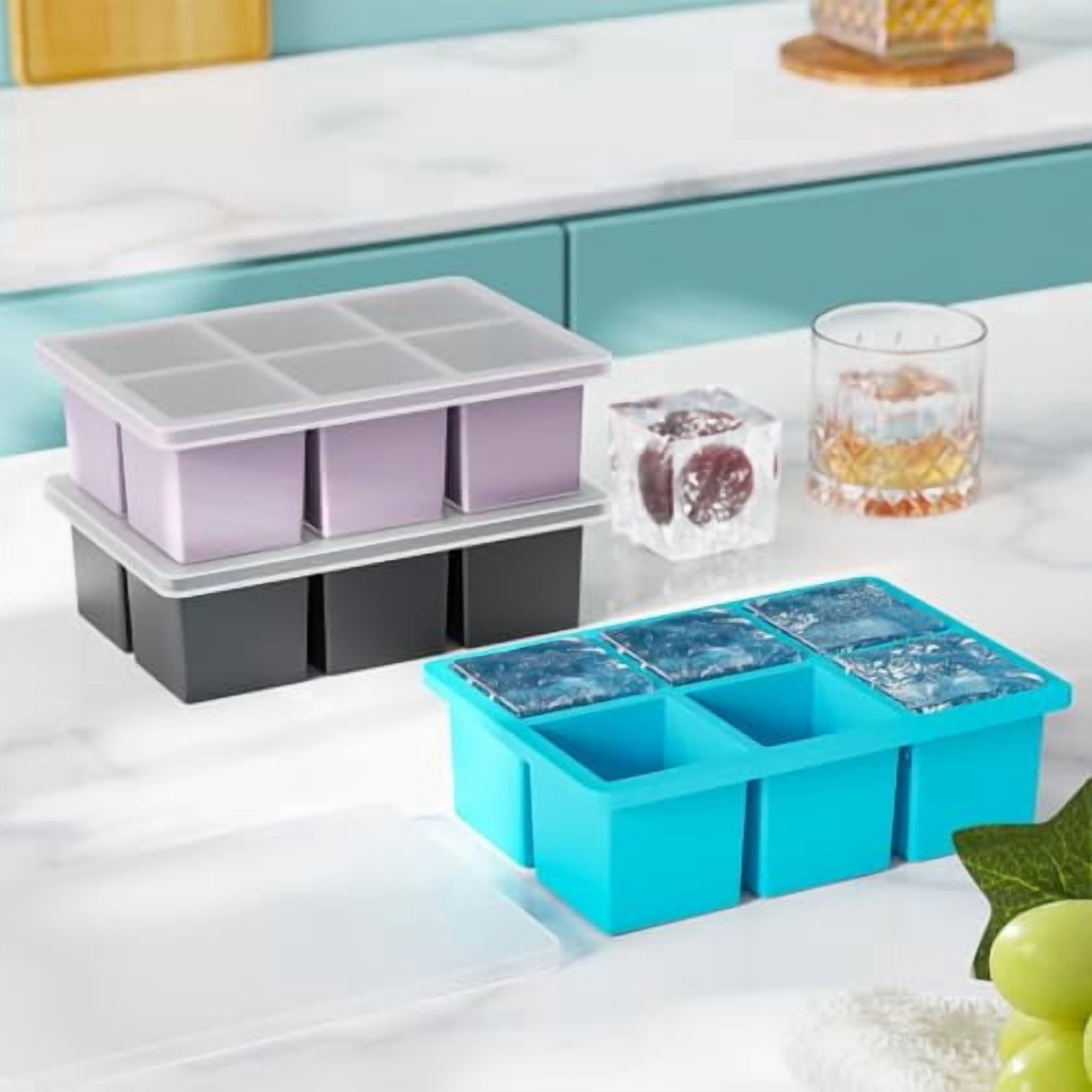 Large Silicone Ice Cube Tray for Whiskey: 2-Inch Big Square Ice Trays with Lid for Whisky - 3-Pack Old Fashioned Ice Cube Molds for Cocktail, Bourbon, and Drinks