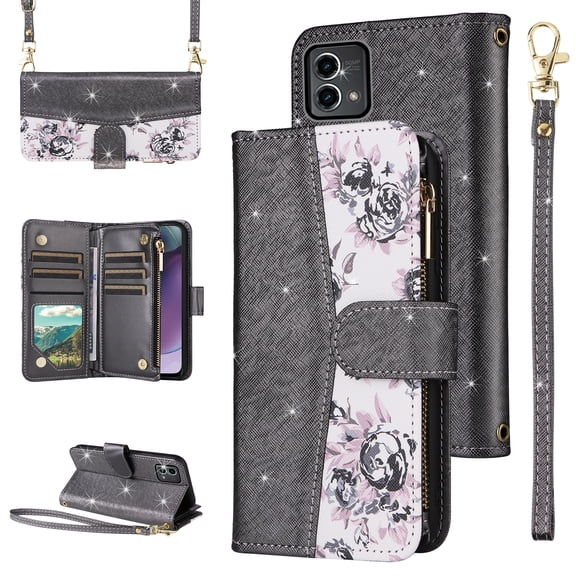 Furiet for Motorola Moto G Stylus 5G 2023 Floral Wallet Case with Flip Zipper Purse Wrist Strap Shoulder Strap Luxury Glitter PU Leather Card Holder Stand Phone Cover for GStylus G5 XT2317DL Black