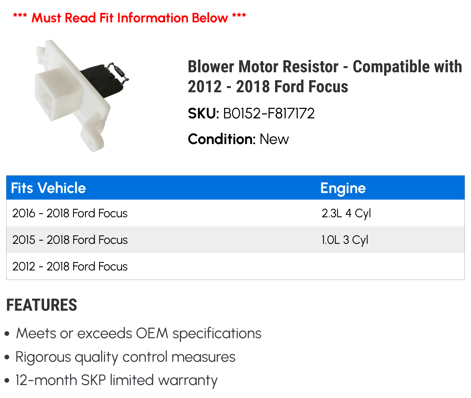 Blower Motor Resistor - Compatible with 2012 - 2018 Ford Focus 2013 2014 2015 2016 2017