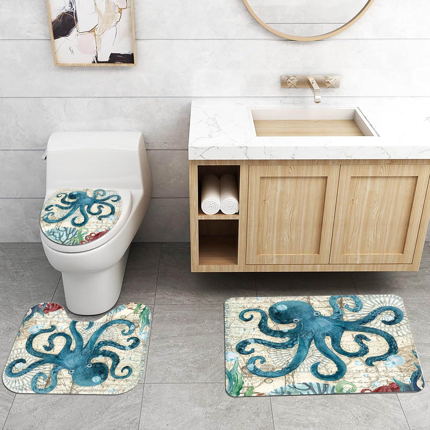 4Pcs Octopus Waterproof Shower Curtain Sets,Ocean Bathroom Sets with Shower Curtain, Toilet Lid Rug, Contour Mat and Bath Mat, 12 Hooks Gift for Bathroom Set Decor