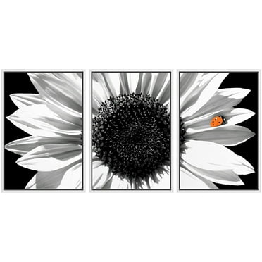 wall26 Framed Canvas Print Wall Art Set Black & White Sunflower with Red Ladybug Floral Botanical Modern Art Rustic Colorful Ultra for Living Room, Bedroom, Office - 16"x24"x3 White
