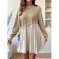 thumbnail image 6 of Women'S Color Block Round Neck Long Sleeve Ruffle Hem Casual A Line Short Dress Khaki L, 6 of 7