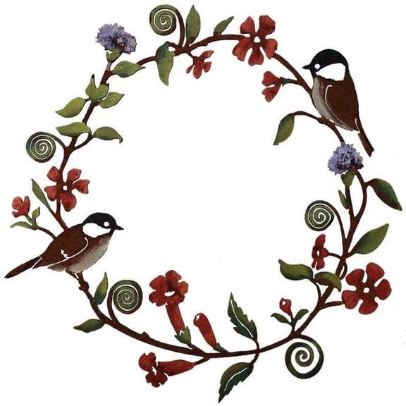 YUNOVA Metal Farmhouse Wreath with Floral Birds, Rustic Wall Art for Front Door Decor, 12 Inch Spring Hanging Decoration