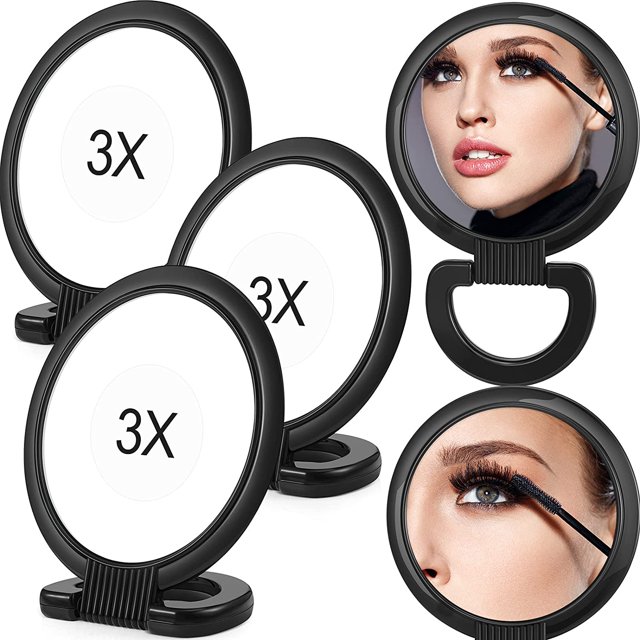 3 Pieces Double Sided Round Pedestal Mirror Portable Standing Mirror with Magnification Folding Magnifying Cosmetic Mirrors Adjustable Handle Makeup Mirror for Home Table Travel (1x, 3 x)