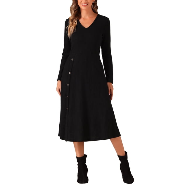 Vestido midi elegante de A-line con botones de manga larga y cuello en V para mujer INSPIRE CHIC, negro, XS