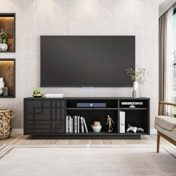 Techni Mobili Contemporary TV Stand for TV’s up to 70” with Patterned Storage Cabinet and Open Shelving RTA-945TV-BK