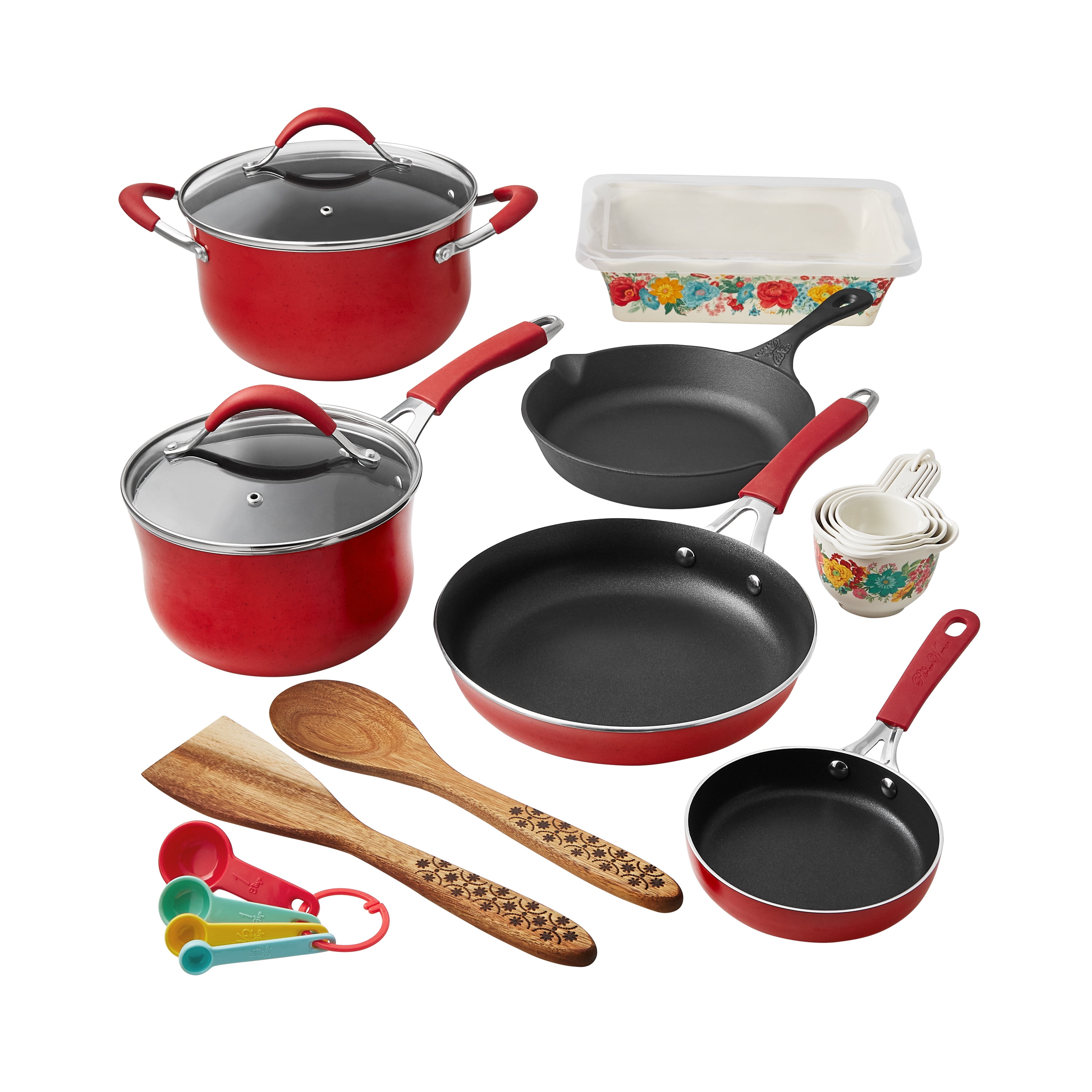 The Pioneer Woman Fancy Flourish Aluminum Nonstick 19-Piece Cookware Set, Red