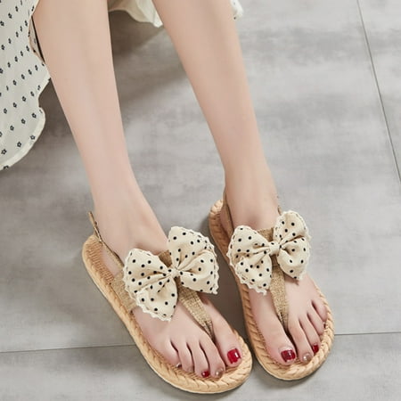 

〖Yilirongyumm〗 Beige 37 Slippers For Women Open Weave Sandals Bow Slip On Breathable Women s Flat Beach Summer Toe Shoes Slippers Women s Slipper