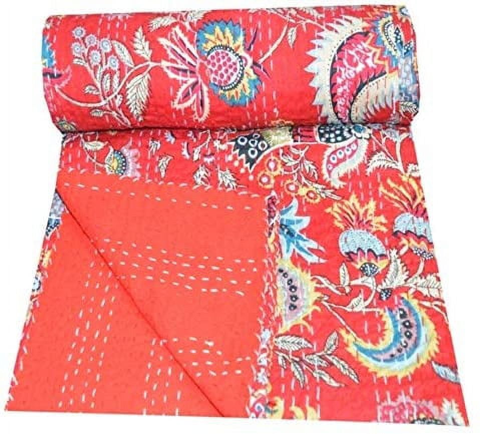 YUVANCRAFTS Indian Handmade Cotton Kantha Quilt - Twin Size 90x60 Inches, Ikat Print, Green, Traditional - View #14