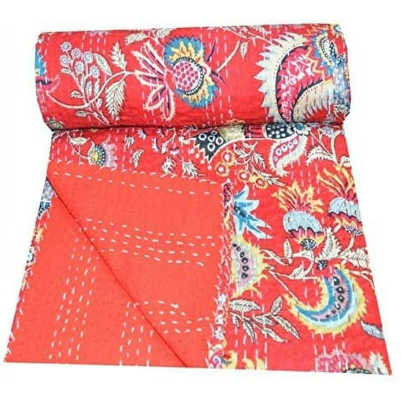 Yuvancrafts Indian Handmade Kantha Quilt Hand Block Floral Print Twin Size Kantha Bedspread Throw Quilt Blanket