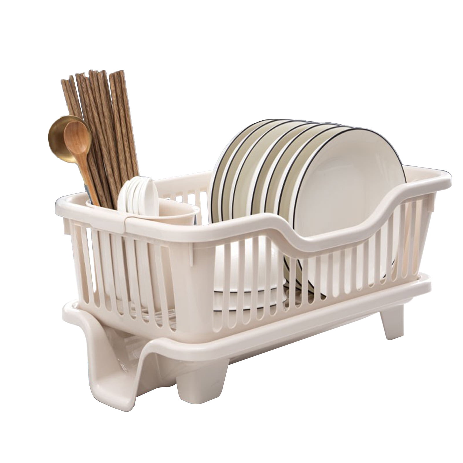 Clearance! Large Dish Drying Rack, Space Saving Dish Rack for Kitchen Counter, Plastic Dish Rack with Cutlery Holder and Dish Drainer Beige