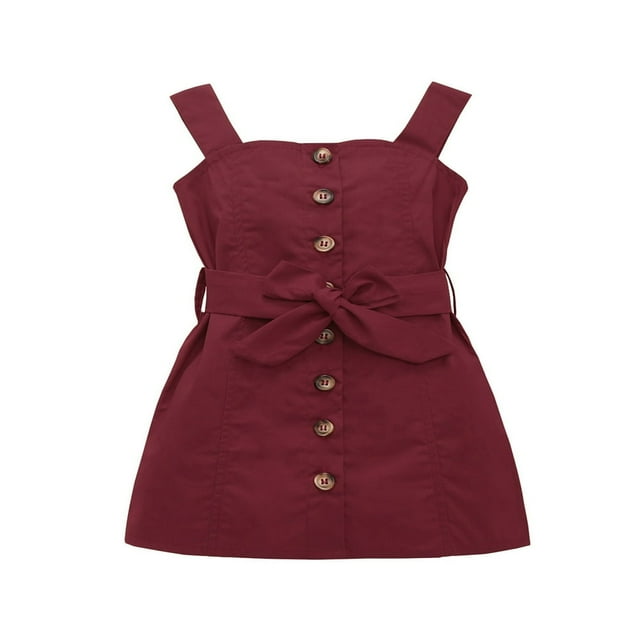 Summer Lovely Toddler Kids Girls Sundress Solid Strap Sleeveless Single Breasted A-Line Belt Dress