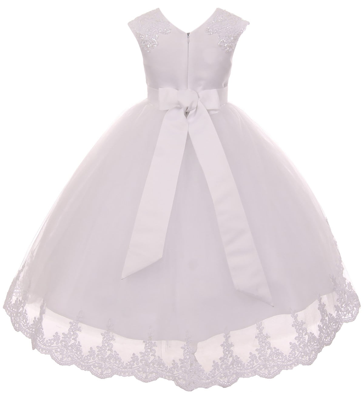 Big Girl Elegant Lace Swoop Train Aline First Communion Flower Girl Dress  White 14 KD 7008 BNY Corner 
