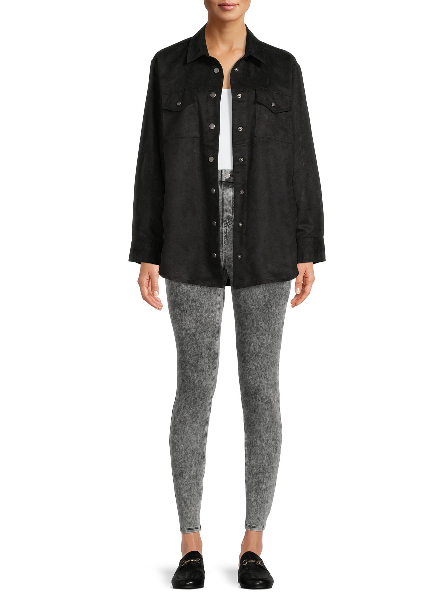 Time and Tru Women's Faux Suede Shacket with Snaps, Sizes XS-XXXL