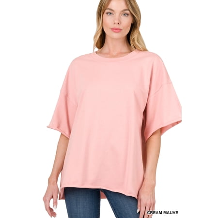 Zenana Plus Cotton French Terry Drop Shoulder Raw Edge Relaxed Casual Solid Tee Shirt Top price history on PriceWatchPro