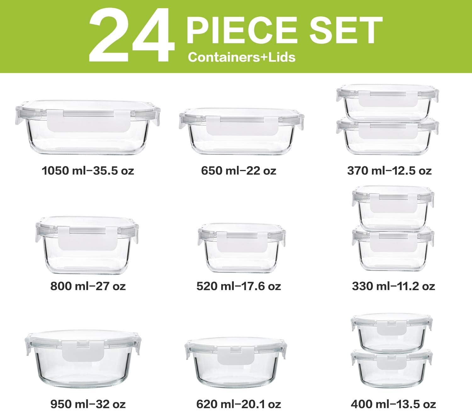  KOMUEE 12 Packs Glass Meal Prep Containers Set, Glass Food  Storage Containers with Locking Lids, Airtight Glass Lunch Containers, BPA  Free, Microwave, Oven, Freezer & Dishwasher Friendly, Green: Home & Kitchen