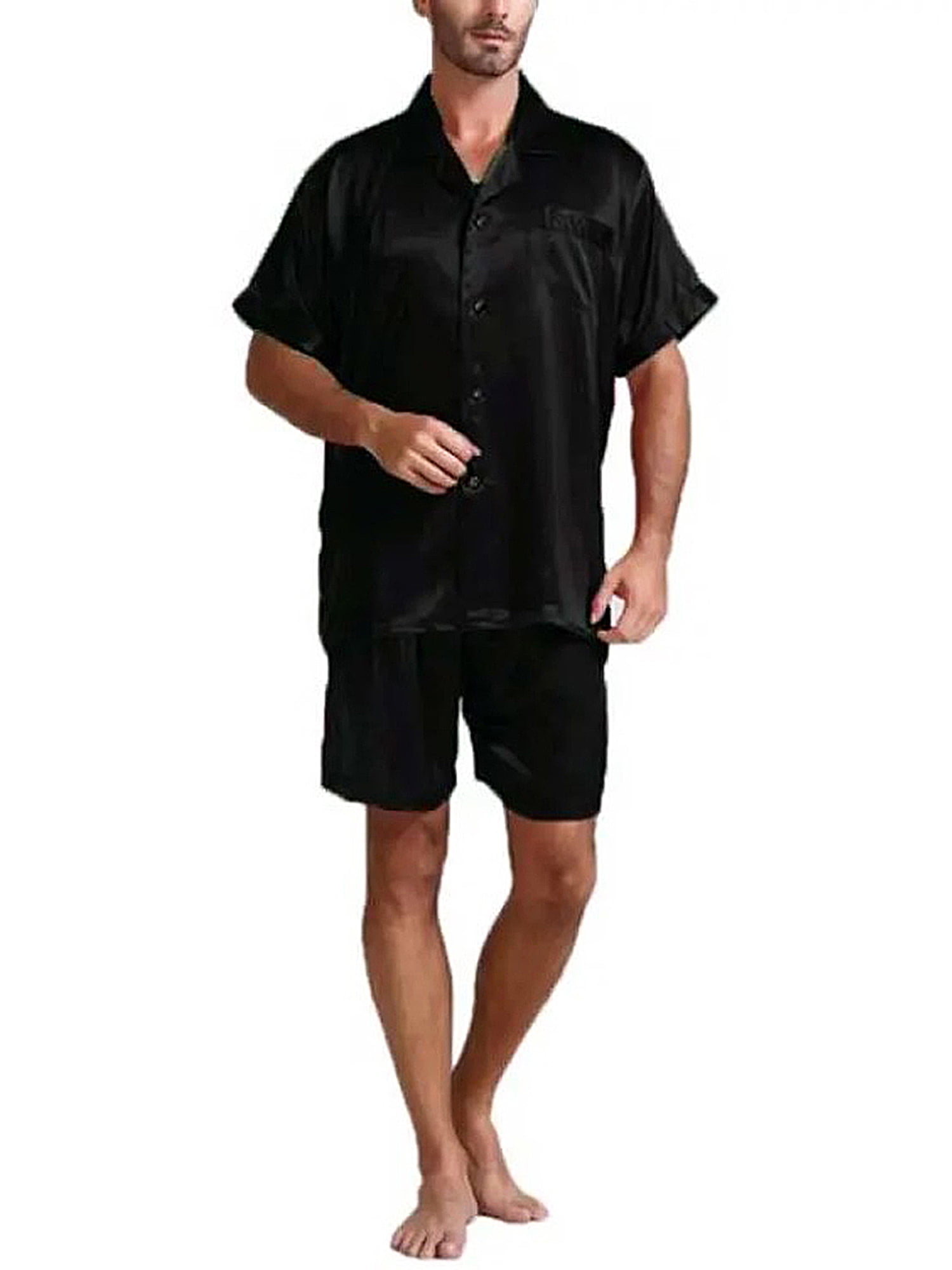 Frecoccialo - Men 2Pcs Pajamas Shorts Set Satin Silk Short Sleeve ...