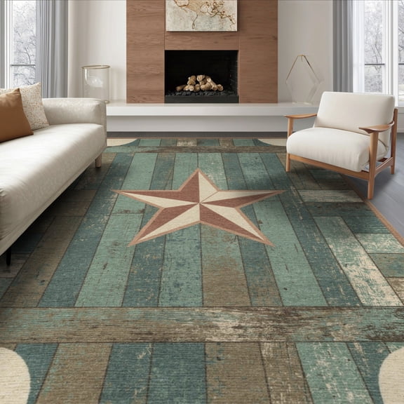 ODIKA 8'x10' Washable Area Rug Durable, Non-Slip Five Point Star Terracotta Outline Aged Wood Plank Motif Decor for Living Room, Under Sectional, Family