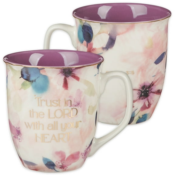 Christian Art Gifts Large Ceramic Inspirational Scripture Coffee & Tea Mug for Women: Trust in the Lord Golden Bible Verse, Non-toxic Lead/Cadmium-Free Cup, White & Purple Watercolor Floral, 14 oz.