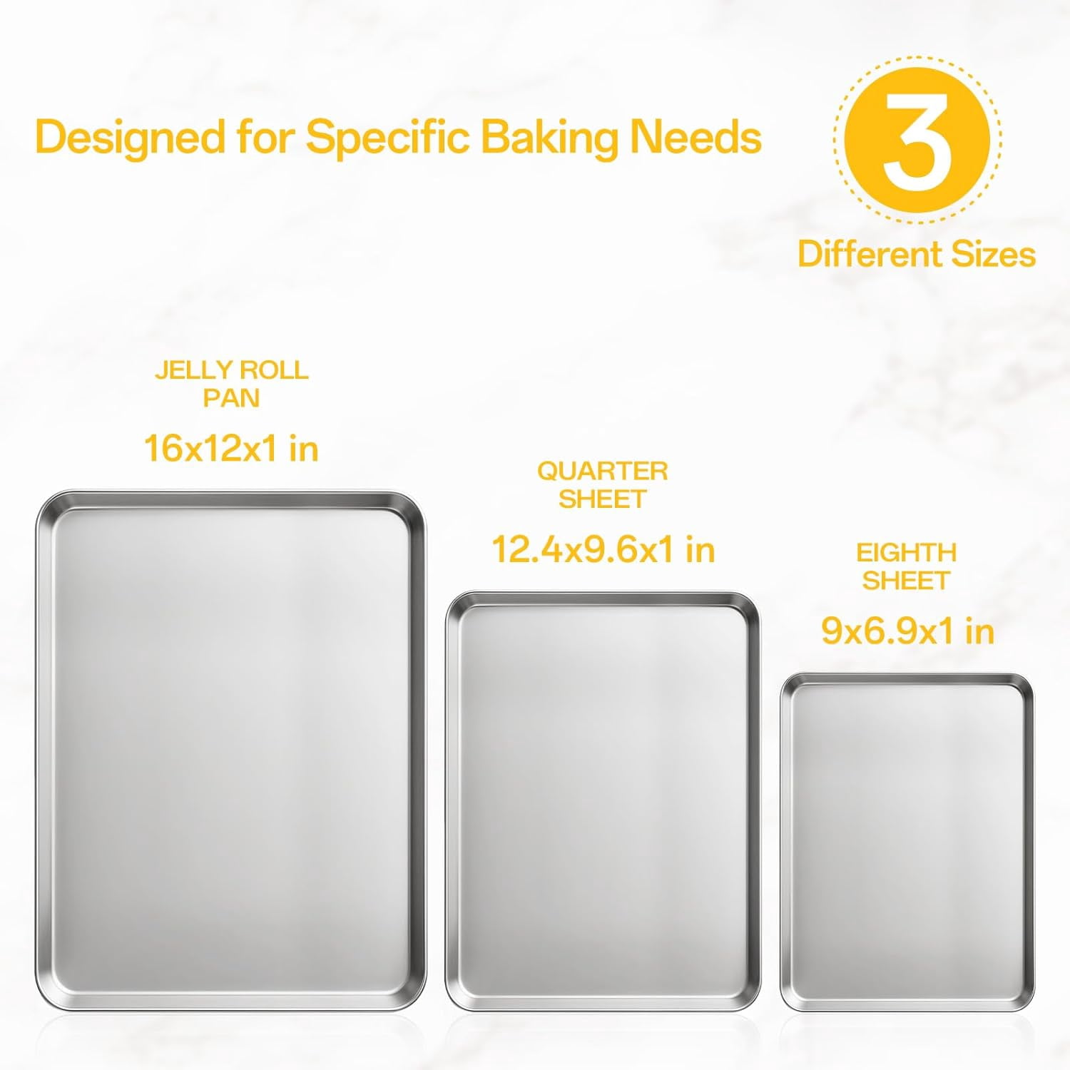 Stainless Steel Baking Sheet Pan Set, 3 Pack Cookie Sheets for Baking, Heavy Duty Stainless Steel Cookware Set, Oven Cookie Tray for Roasting, 9/12/16 Inch