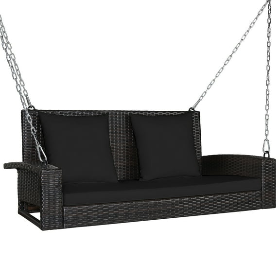Topbuy Outdoor Wicker Porch Swing Bench 2-Person Patio Rattan Swing Chair W/ Soft Cushions Black