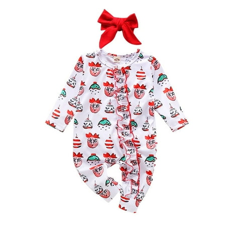 

Baby Cartoon Romper Baby Girls Winter Warm Floral Christmas Cotton Long Sleeve Romper Jumpsuit Clothes Headbands