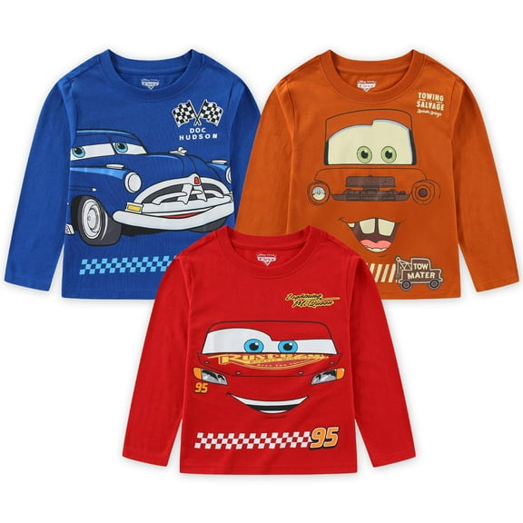Disney Cars Lightning McQueen Long Sleeve Shirt (Boys), 3 Pack, Sizes 3T-7