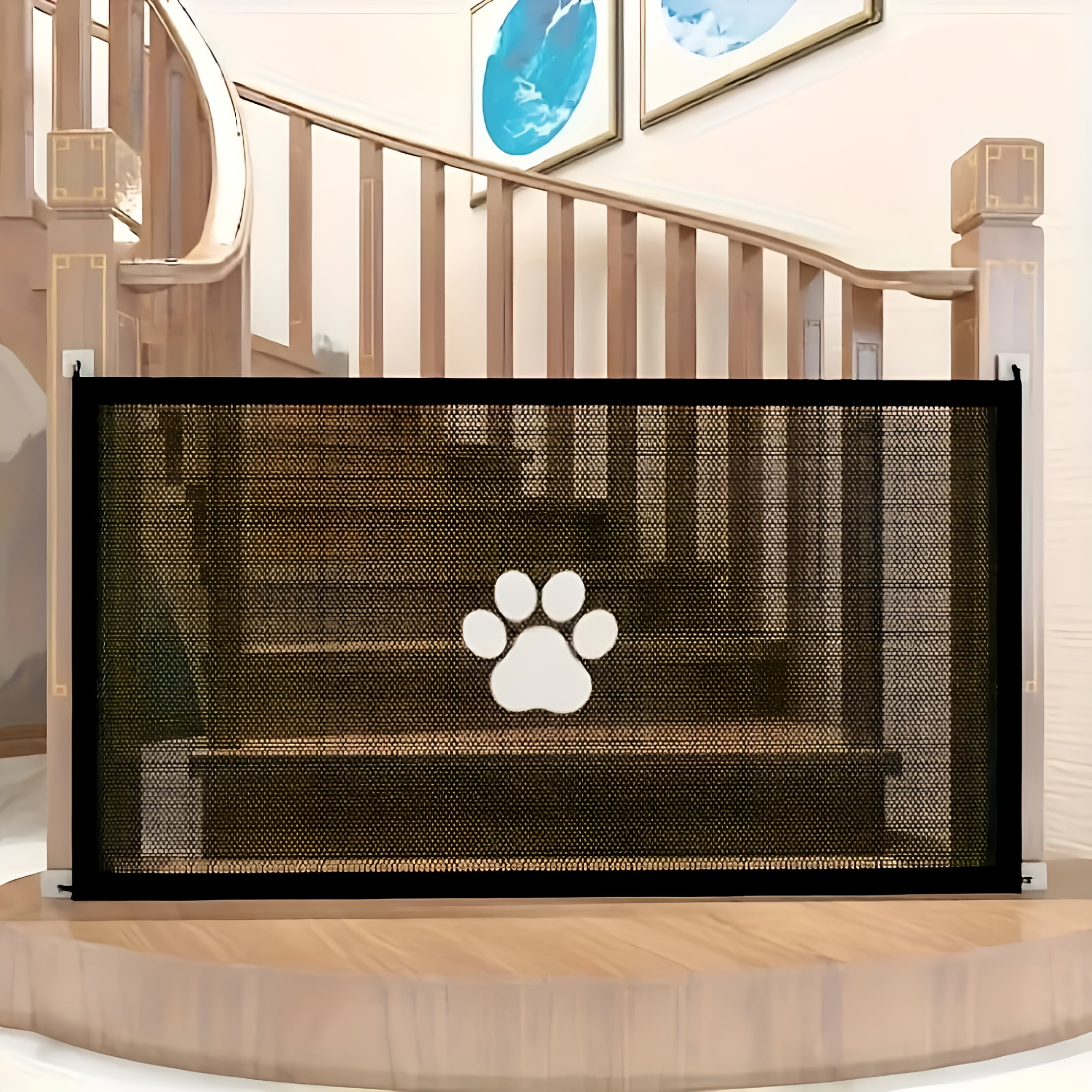 LAMIRO Retractable Expandable Mesh Dog Gate for Indoor and Outdoor Use - Tall Free Standing Pet Barrier with Door, Fits Stairs, Wide Doorways(Extra Long)