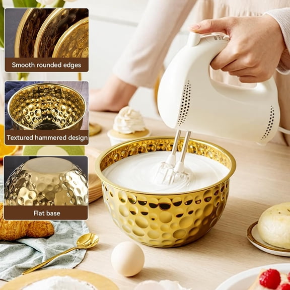 3 Piece Gold Mixing Bowl Set, Stainless Steel Hammered Serving Bowls for Kitchen, Cooking, Baking, Salad, or Home Display