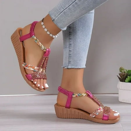 

Women Wedge Sandals Summer Bohemia Rhinestones Casual Platform Sandals Female Peep Toe Outdoor Beach Shoes обувь женская летняя