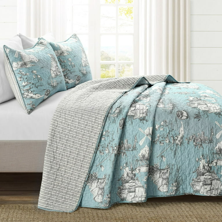 French Country Toile Cotton Reversible Quilt Blue/White 3Pc Set