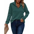thumbnail image 2 of Women's Autumn and Winter Casual Loose Pullover Quarter Zip Design Ribbed Quilted V-Neck Dark Green XXL, 2 of 9