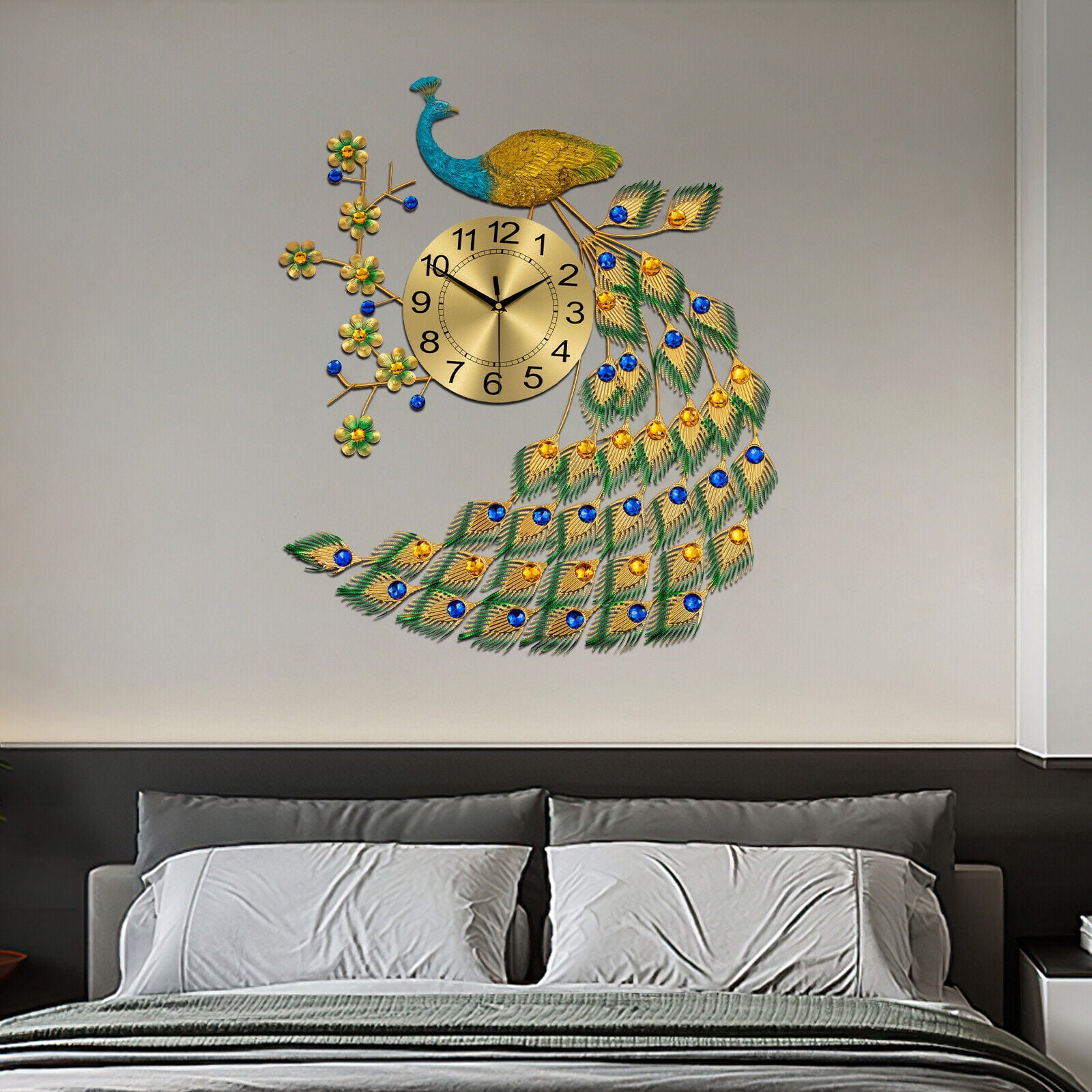 Luxury Peacock Large Wall Clock Metal Living Room 3D Wall Watch Home Decor Gift