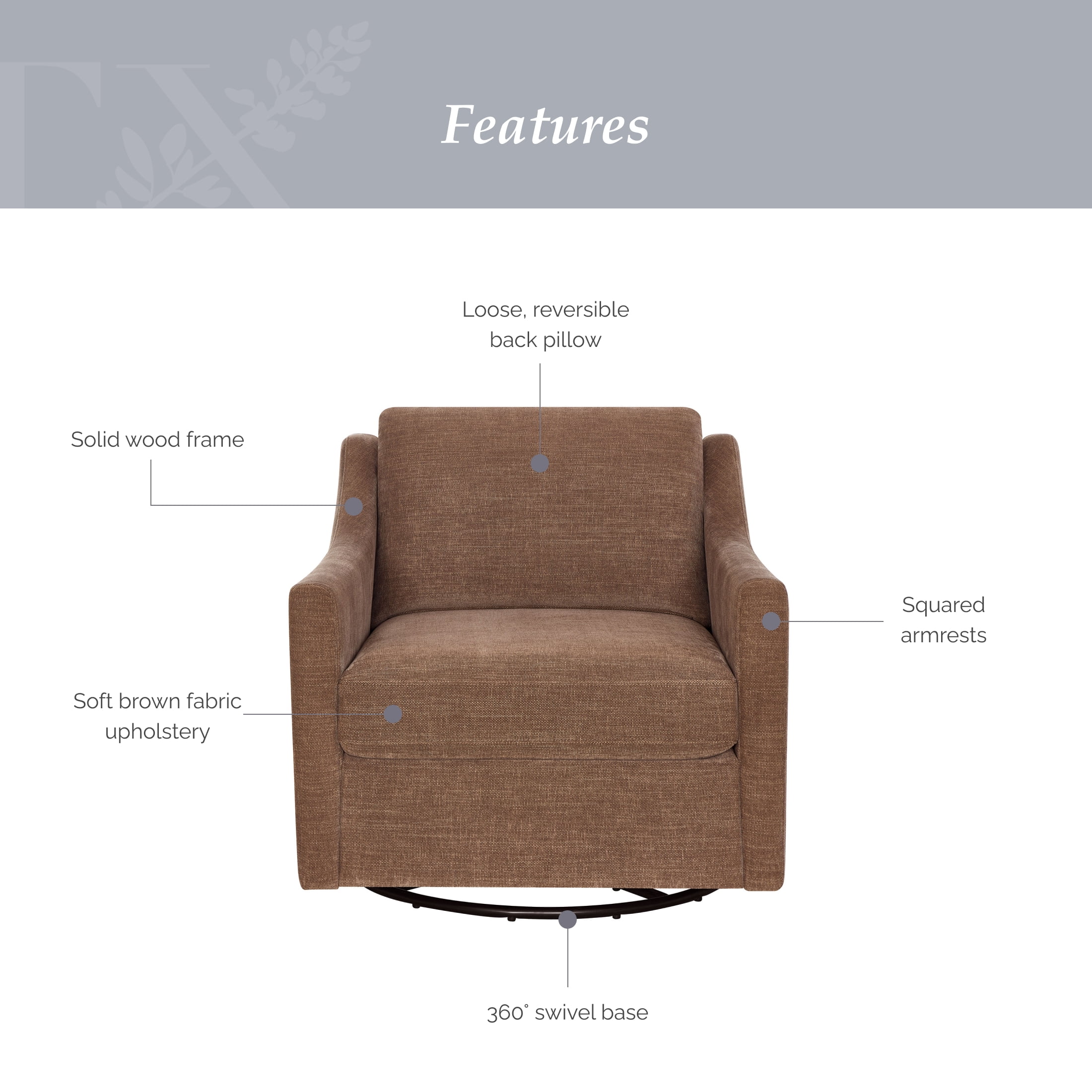 My Texas House Roan Swivel Accent Chair, Brown Fabric Upholstery