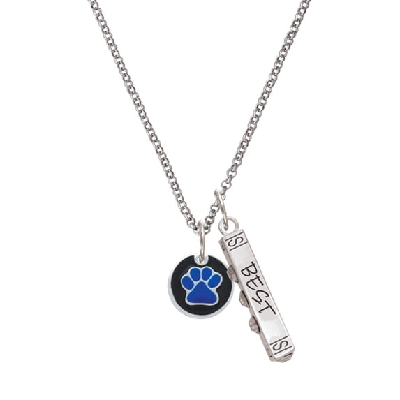 Delight Jewelry Silvertone Navy Blue Paw on Black Disc Silvertone Best Friends Forever Bar Charm Necklace, 23"