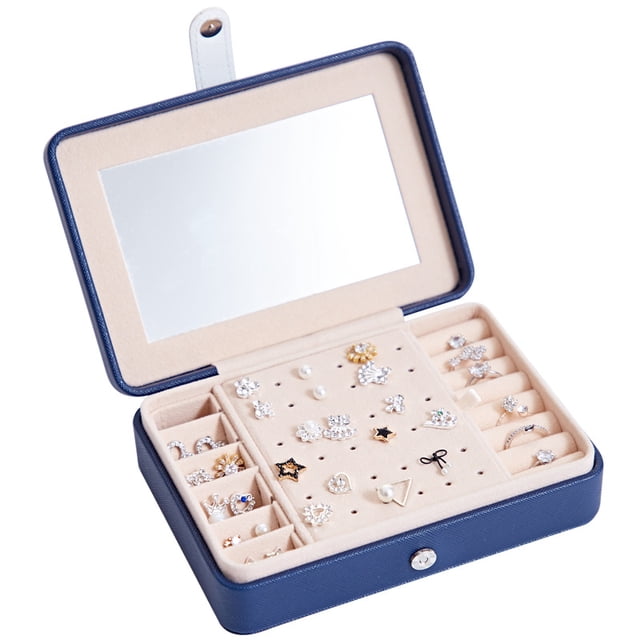 Wholesale Korean-Style Dark Blue Leather Jewelry Organizer with Mirror - Multi-functional Storage Box for Earrings, Rings & Accessories, Durable Portable Design, Customizable for Weddings/Travel Gifts