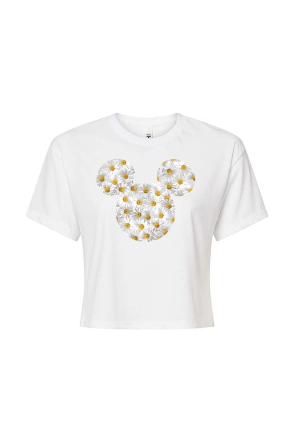 - Mickey Head Daisies - Juniors Cropped Graphic T-Shirt