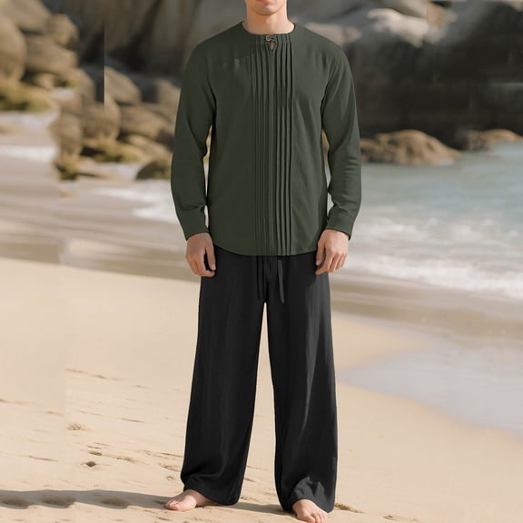GSPCLAM Summer Outfits Sets for Men 2 Piece Linen Lightweight Long Sleeve Shirt Casual Loose Fit Pants Suits for Everyday Commute