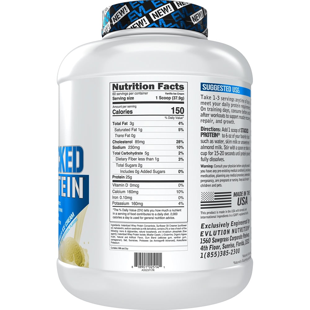 Evlution Nutrition Stacked Protein Protein Powder with 25 Grams of Protein, 6 Grams of BCAAs and 5 Grams of Glutamine (Vanilla Ice Cream, 5 LB)