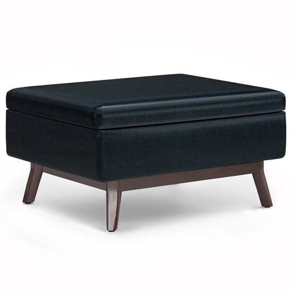 Owen 34 inch Wide Mid-Century Modern Coffee Table Storage Ottoman in Distressed Dark Blue Vegan Leather