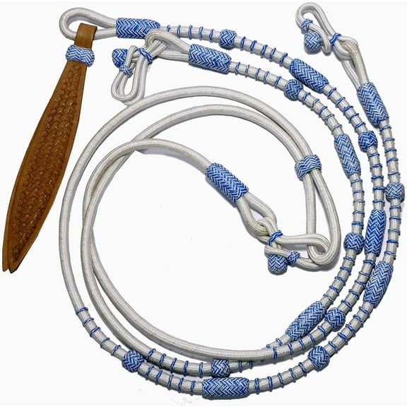 White Nylon Rope Romal Reins with Blue Knots – 8.5 Ft Hand-Braided Rawhide Leather Horse Tack, 52" Romel