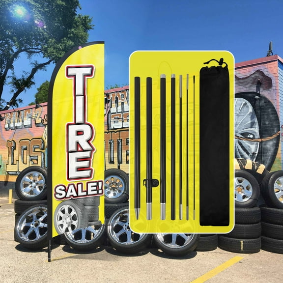 QSUM Tire Sale Advertising Swooper Flag Sign, Tire Sale Feather Flag Pole Kit with Ground Spike, 8.2Ft Advertising Feather Banner Sign for Tire Sale Business