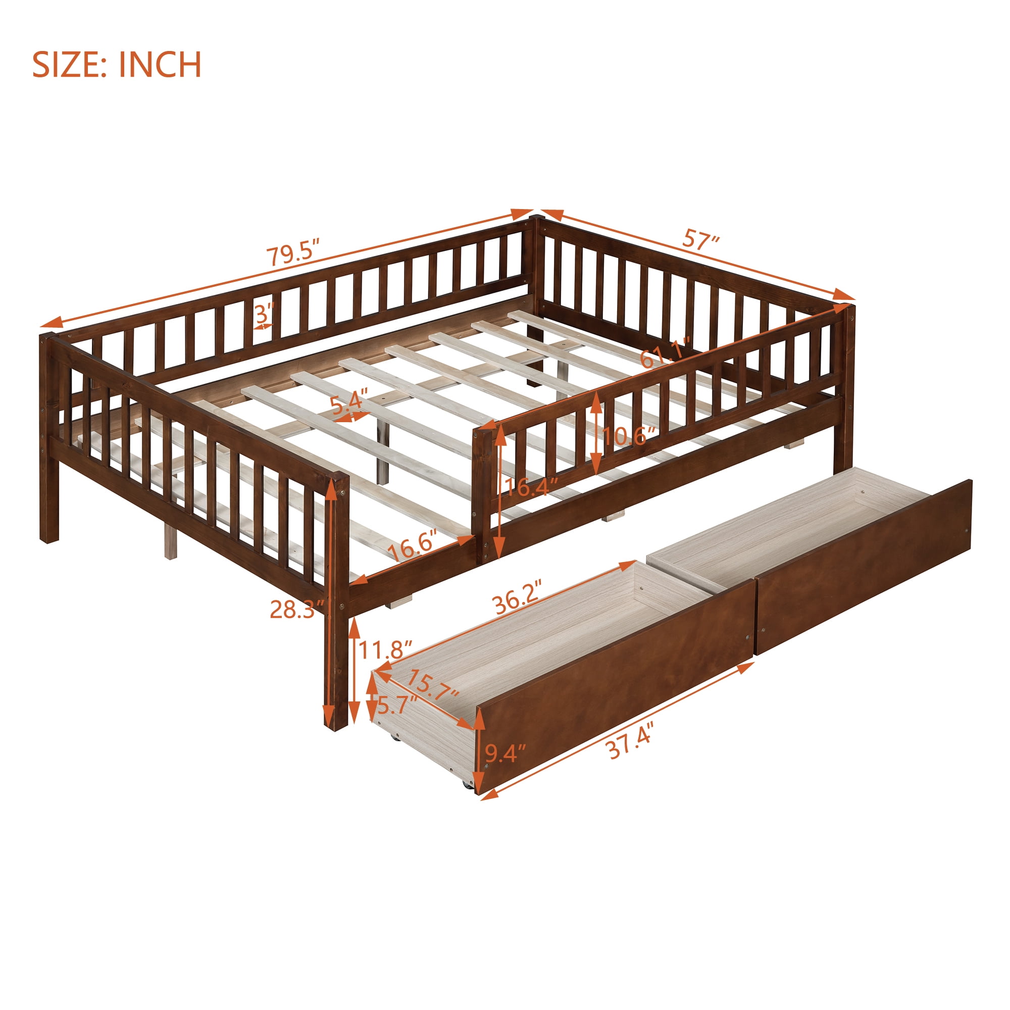 Bellemave Full Daybed with Storage and Fence, Wooden Full Size Platform Bed with Rails and 2 Drawers, Low Loft Bed Frame for Teens (Natural)