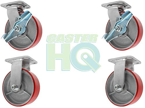 Details about   4 Pack Heavy Duty Caster Set 4"  Polyurethane on Cast Iron Wheels No Mark Red 