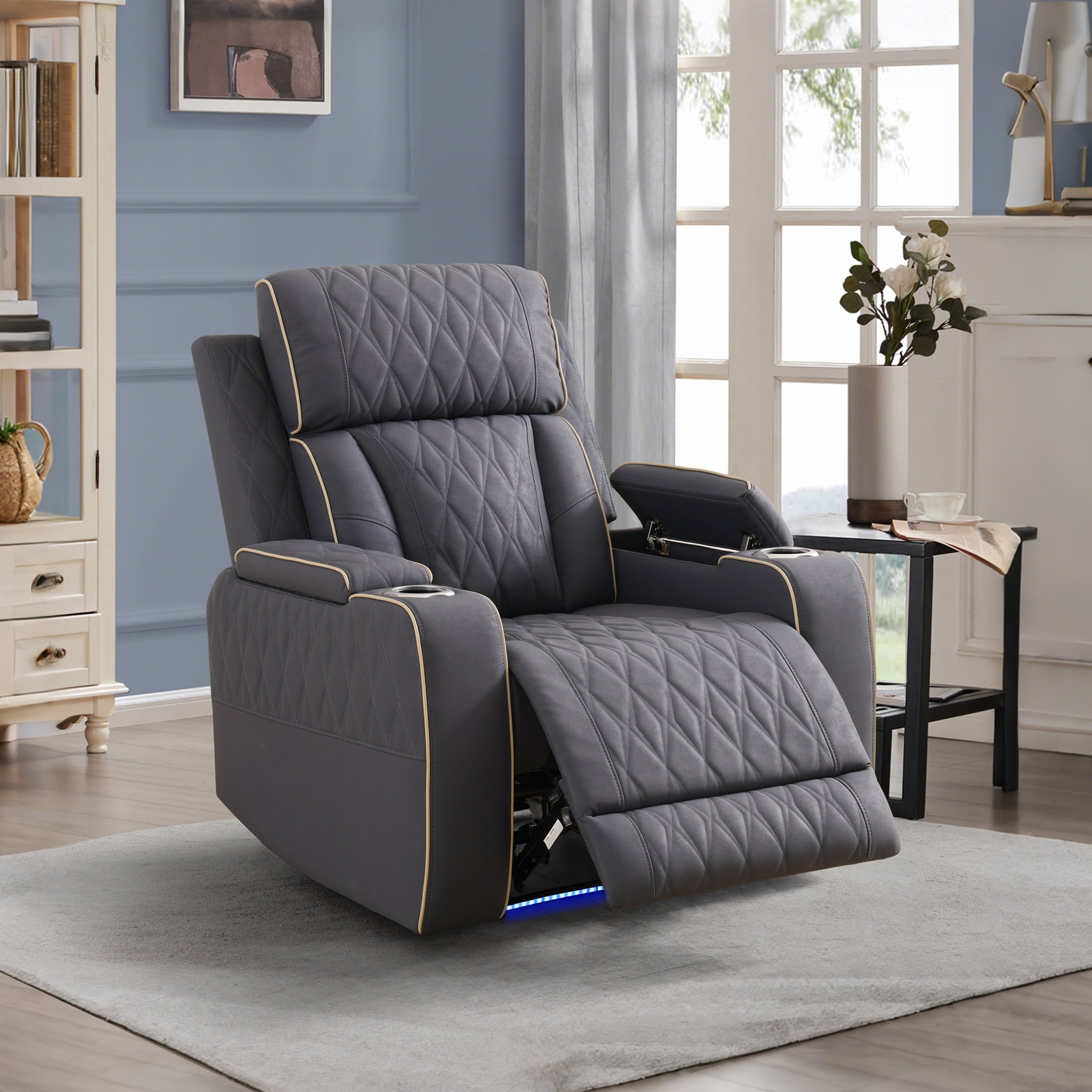 Gewnee Power Recliner Chair, Adjustable Reclining Lounge Chair with USB Ports, LED Lights & Cup Holders, Air Leather Upholstered Single Sofa Recliner for Living Room, Office, Bluish‑Grey