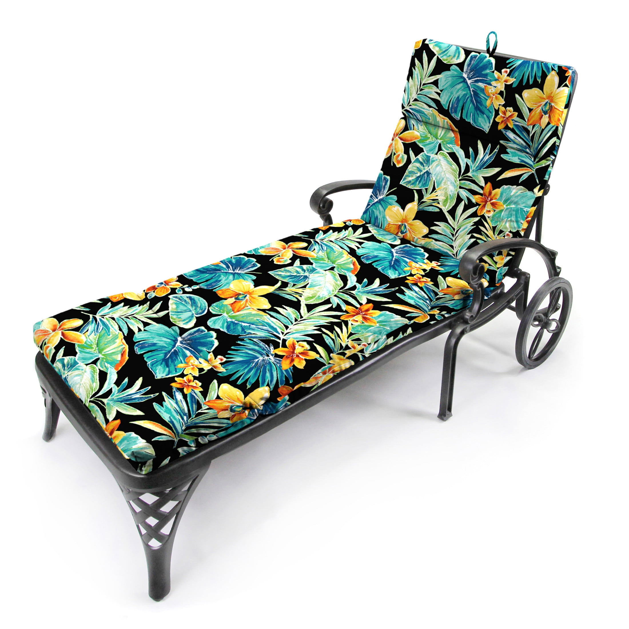 Jordan Manufacturing 72" x 22" Beachcrest Caviar Black Floral Rectangular Outdoor Chaise Lounge Cushion with Ties and Hanger Loop