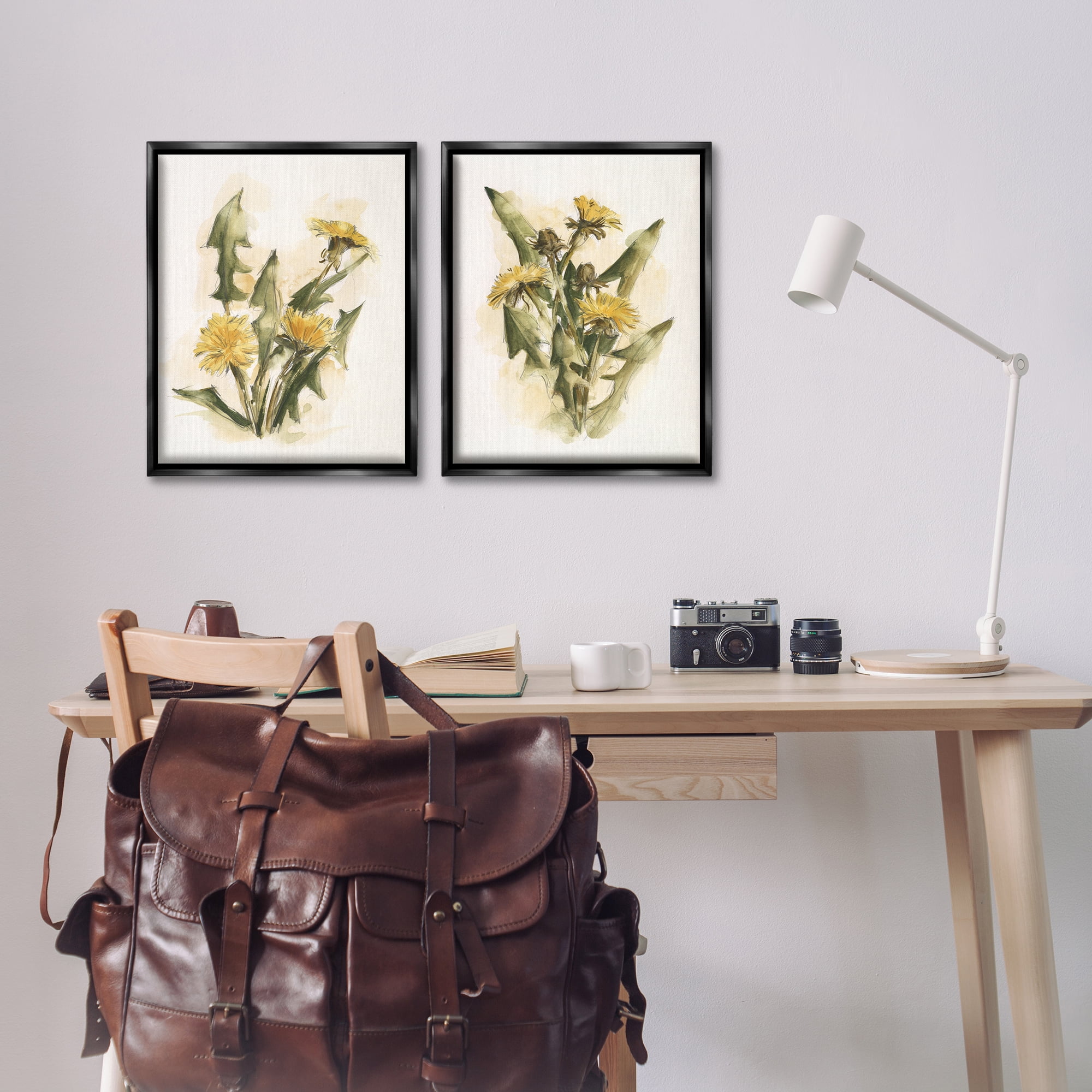 Stupell Industries Dandelion Watercolor Sketch Plants & Flowers Painting Black Floater Framed Canvas Art Print Wall Art, 17 x 21, Set of 2