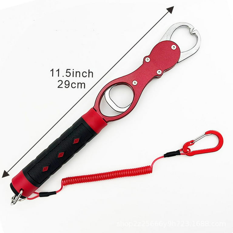Fish Lip Gripper with Weight Scale Fish Lip Grip Tool Aluminum Alloy Clip Fishing Gear Fish Lip Grabber for Outdoor, Ice Fishing, Boat Fishing Red