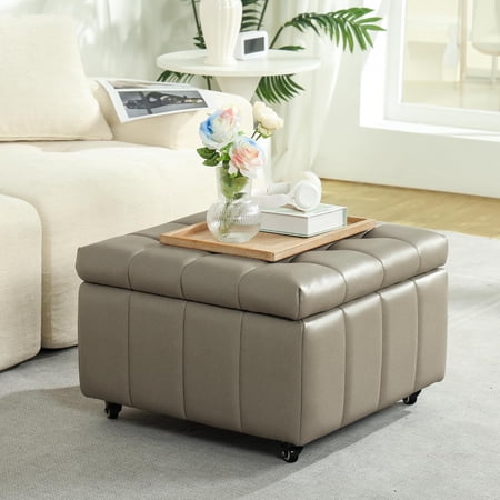Square Leather Ottoman with Storage and Wheels 360°Rolling ottoman Faux Leather Flip Top Storage Footstool Coffee Table Rolling Upholstered Storage Ottoman for Living Room Entryway (Modern Grey)